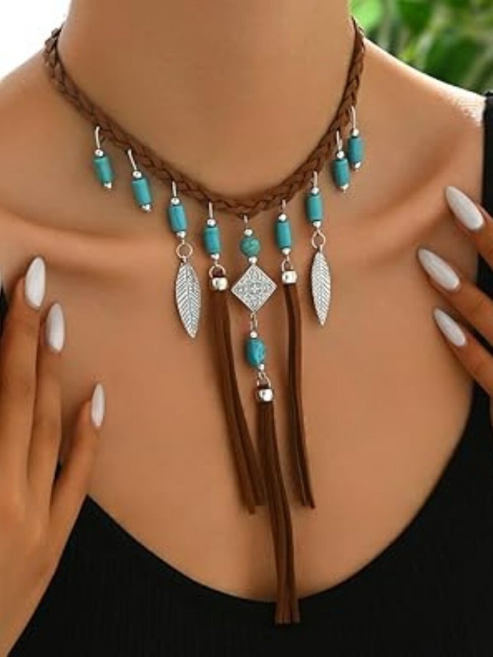 Boho Western Necklace Turquoise Leather Tassel Hippie Cowgirl Adjustable
